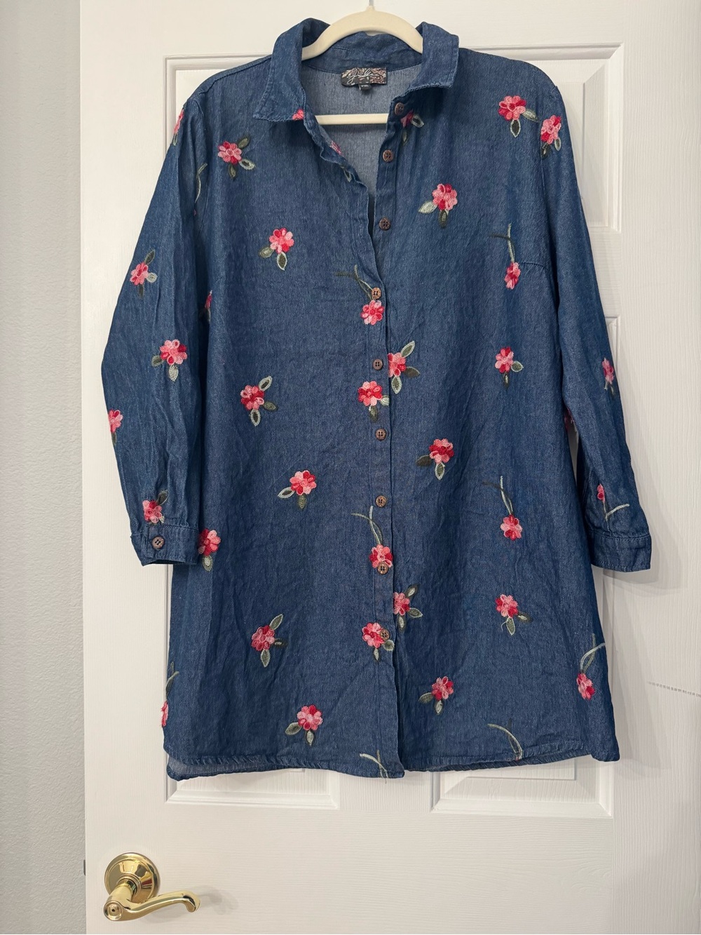 J Gee Floral Embroidered Denim Shirt Dress Size PXL Cotton Boho